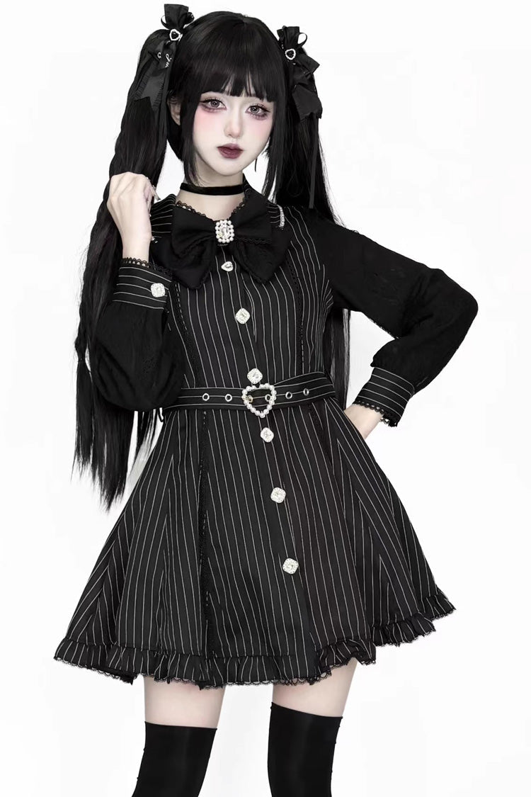 Black Long Sleeves Stripe Print Removable Cape Ruffle Lace Gothic Jirai Kei Elegant Dress - Product - 2