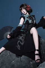 [Sky Dragon] Round Collar Printed Embroidered Lace-Up Gothic Chinese Style Lolita Skirt Set 2 Colors - Product - 5
