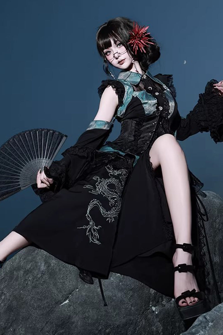 [Sky Dragon] Round Collar Printed Embroidered Lace-Up Gothic Chinese Style Lolita Skirt Set 2 Colors - Product - 5