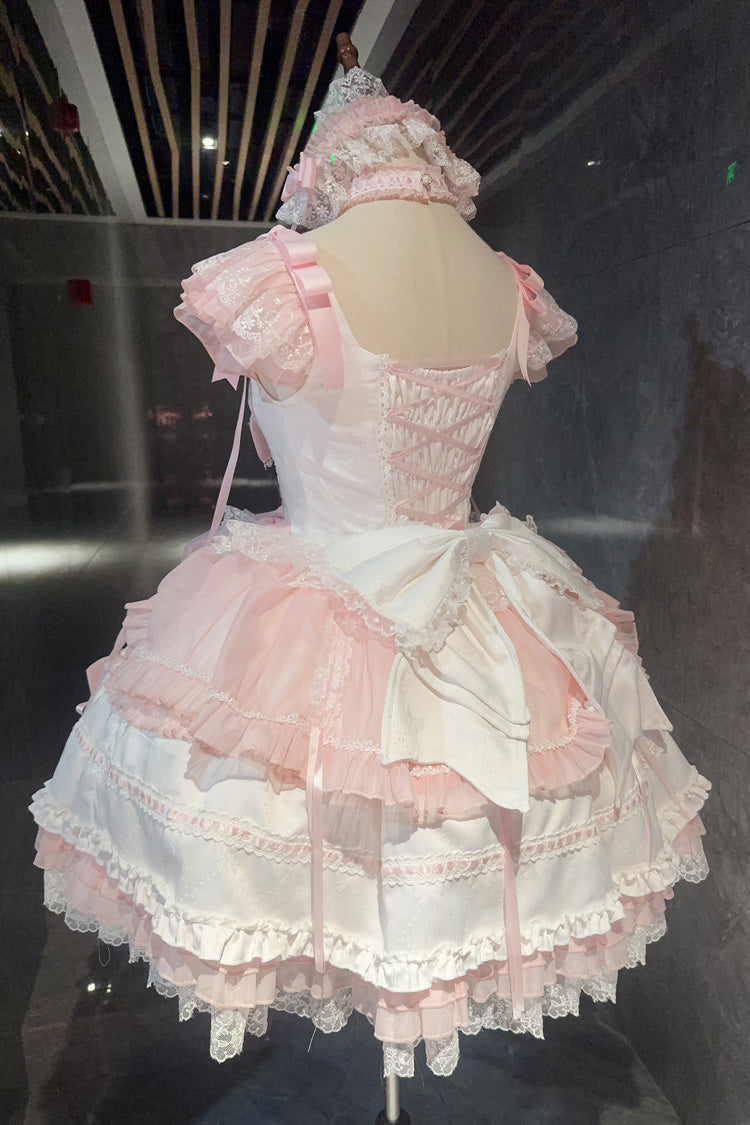 White/Pink Sleeveless Triple-Layered Ruffled Bow Lace Sweet Princess Ballet Lolita Jsk Dress - Product - 3