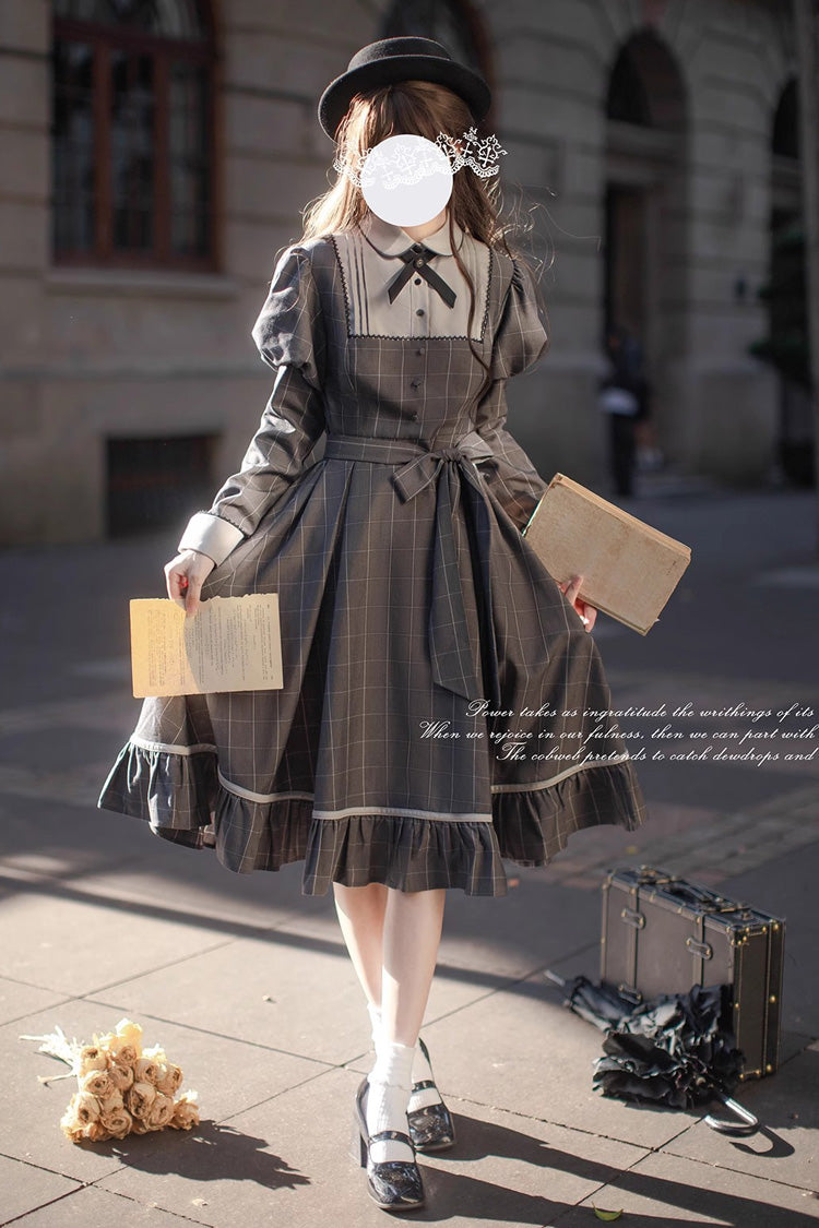 Grey Plaid Print Ruffle Bowknot Classic Vintage College Style Elegant Lolita Dress - Product - 3