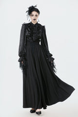 Black Embroidered Lace Trim Pleated Women's Gothic Maxi Skirt - Product - 9