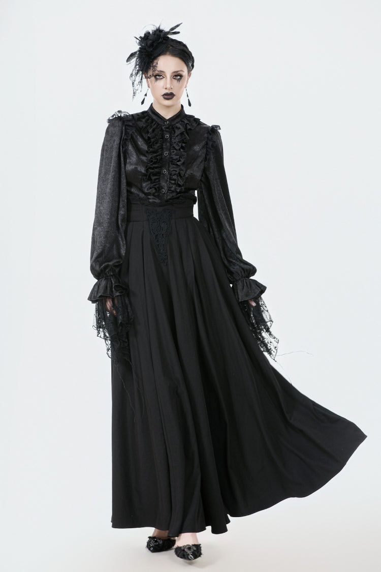 Black Embroidered Lace Trim Pleated Women's Gothic Maxi Skirt - Product - 9