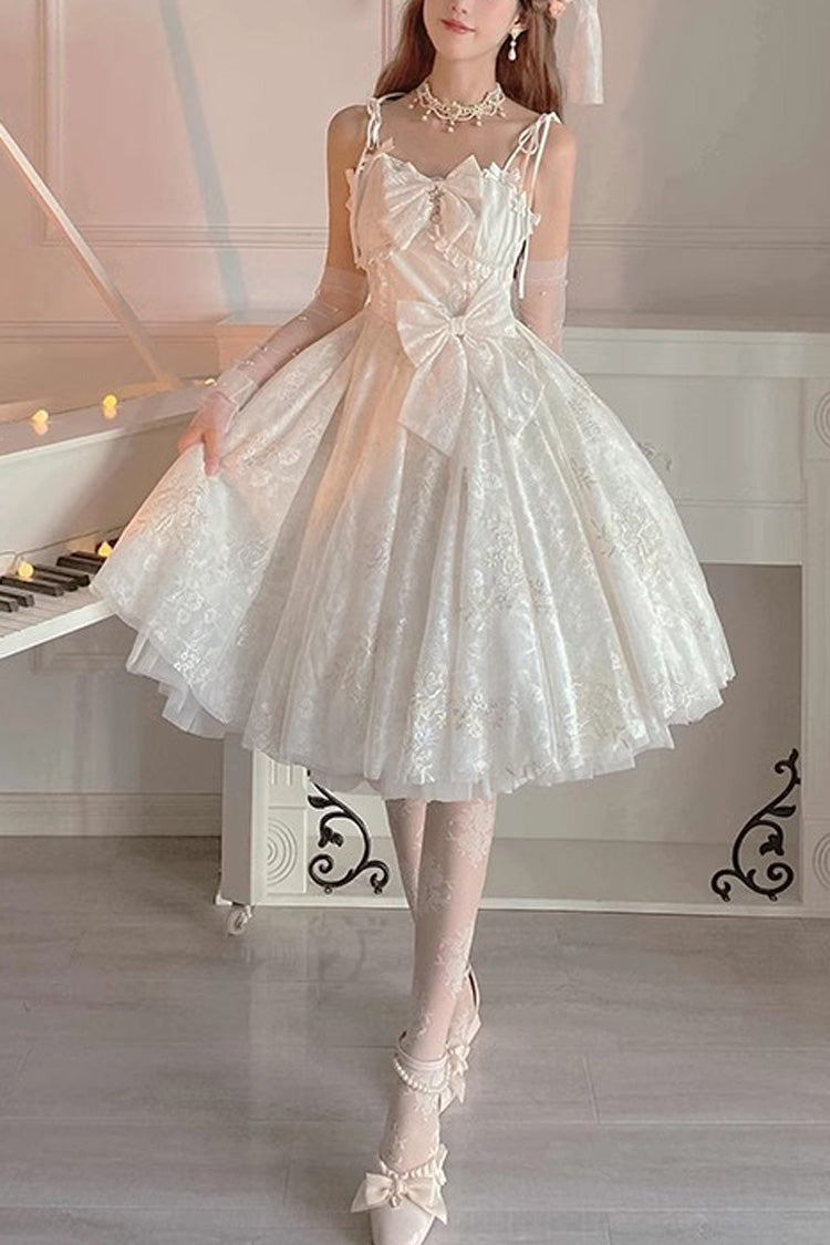 White Print Hanayome Embroidery Bowknot Sweet Lolita Prom Jsk Dress - White - 1