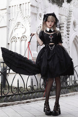 Black Rose Embroidered Cutout Top Irregular Short Sleeves Gothic Lolita Dress Set - Product - 3