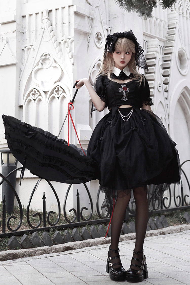Black Rose Embroidered Cutout Top Irregular Short Sleeves Gothic Lolita Dress Set - Product - 3