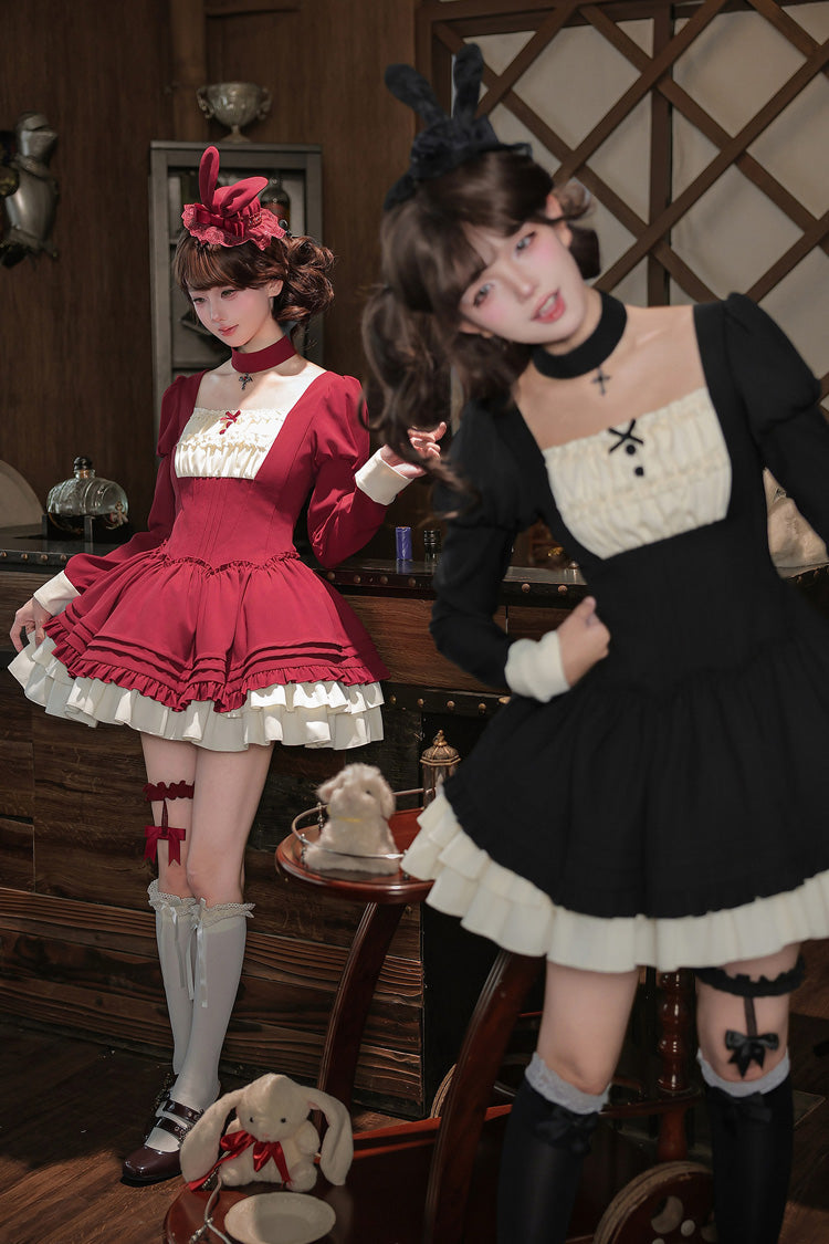 [Liya] Square Collar Long Lantern Sleeves Multi-Layered Ruffled Classic Elegant Lolita Dress 2 Colors (Black, Red) - Product - 5