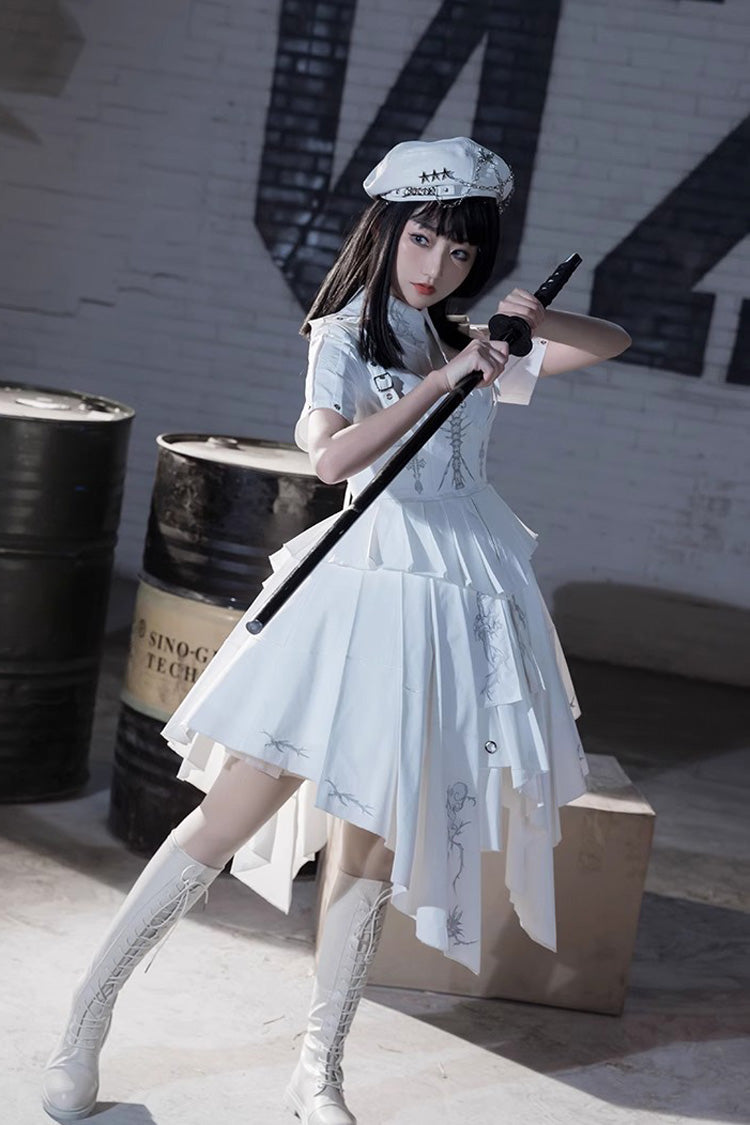 White Travelling Thorns Short Sleeves Print Gothic Elegant Lolita Dress - Product - 7