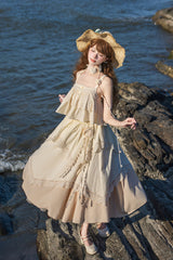 [Summer of Bluebells] Square Collar Sleeveless Jacquard Ruffled Asymmetric Sweet Lolita Skirt Set 2 Colors (Blue/Green, Ivory) - Product - 17