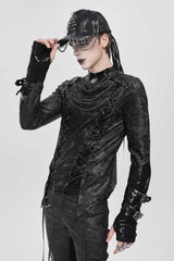 Black Stitching Lace-Up Mesh Chain Men's Punk Blouse - Product - 12