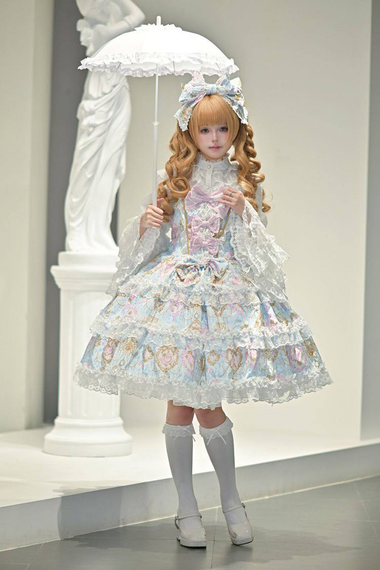 Blue [Candelabrum Elegy] Sleeveless Triple-Layered Flower Wall Printed Ruffled Bow Lace Sweet Lolita Jsk Dress - Product - 2
