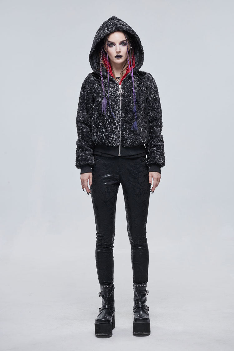 Black/White Two Tone Woolen Grain Fleece Metal Five Pointed Star Zipper Women's Punk Coat - Product - 3