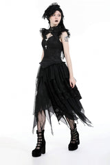 Black Women's Gothic Punk Multi-Layered Irregular Handkerchief Hem Lace Skirt - Product - 2