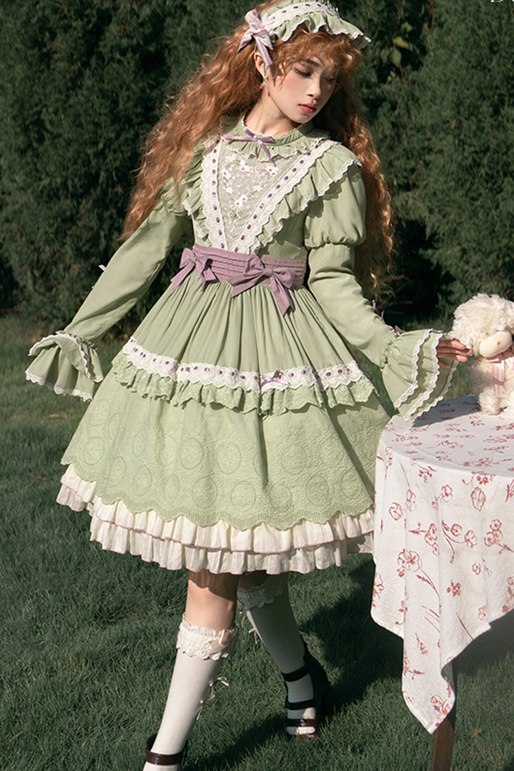 Green [Solitary Orchid In Quiet Valley] Long Sleeves Multi-Layered Embroidery Bowknot Sweet Lolita Dress - Product - 2