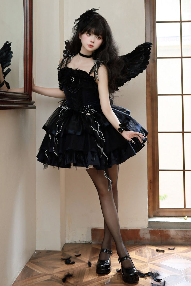 Wings Arrival Multi-layer Ruffle Bowknot Ballet Style Sweet Elegant Lolita Jsk Dress 3 Colors - Black - 14