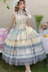 Rainbow Cloud Gradient Triple-Layered Ruffle Bowknot Sweet Lolita Jsk Dress 2 Colors - Product - 4