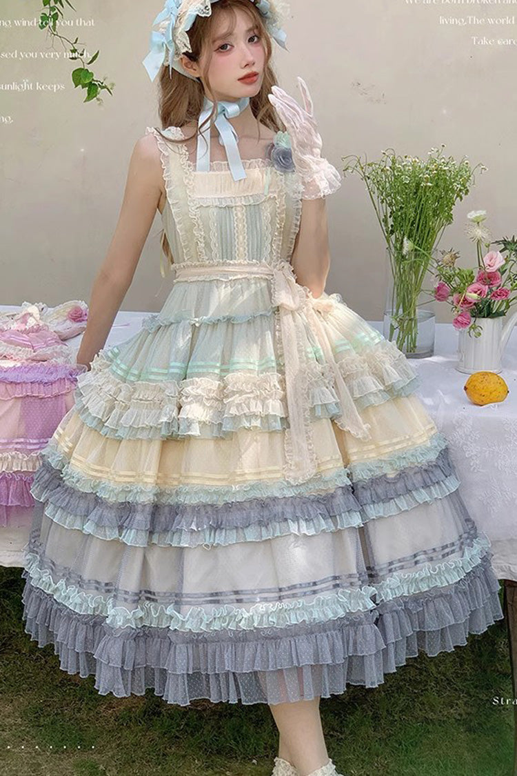 Rainbow Cloud Gradient Triple-Layered Ruffle Bowknot Sweet Lolita Jsk Dress 2 Colors - Product - 4