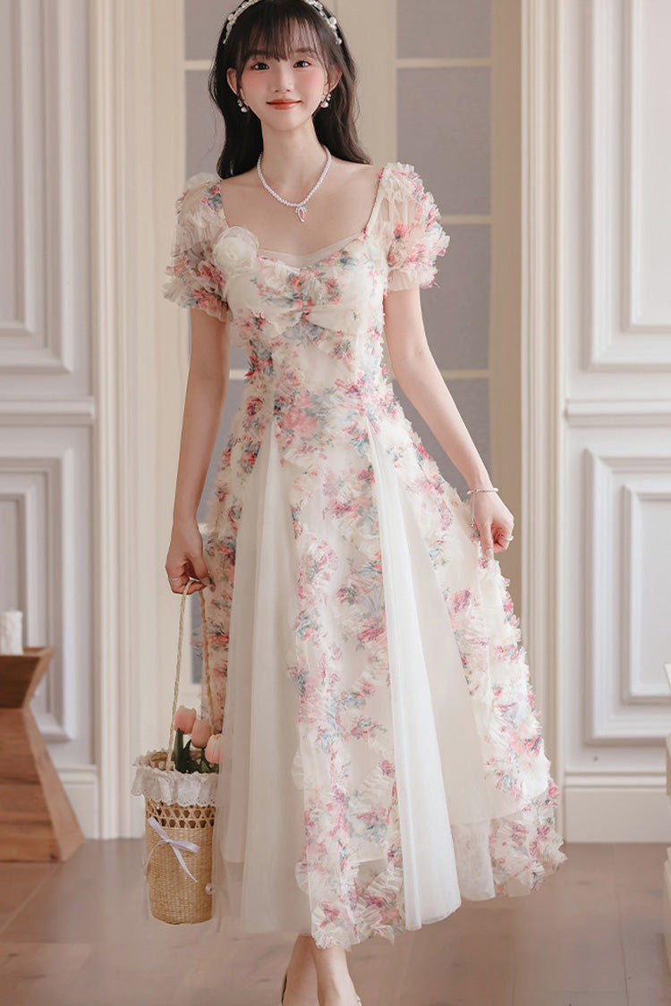 White Floral Pattern Square Collar Short Puff Sleeves Ruffled Open-Front Spliced Sweet Lolita Dress - Product - 8