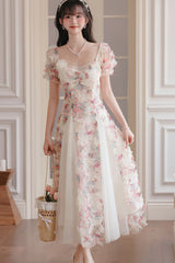 White Floral Pattern Square Collar Short Puff Sleeves Ruffled Open-Front Spliced Sweet Lolita Dress - Product - 8
