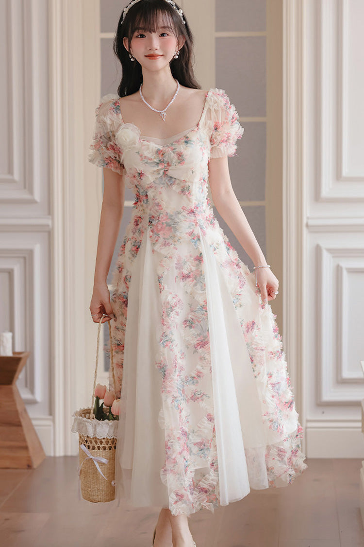 White Floral Pattern Square Collar Short Puff Sleeves Ruffled Open-Front Spliced Sweet Lolita Dress - Product - 8