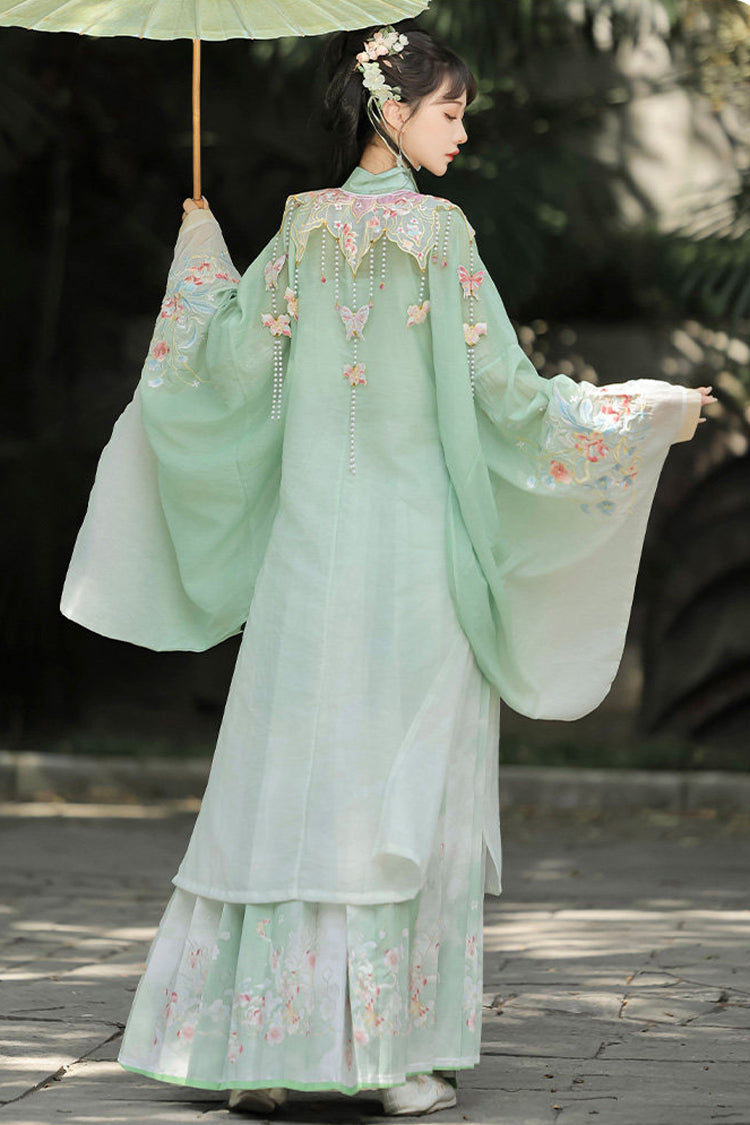 Green [Spring Scenery Gardens] Collar High Waisted Embroidered Women's Sweet Hanfu Dress Set - Product - 5