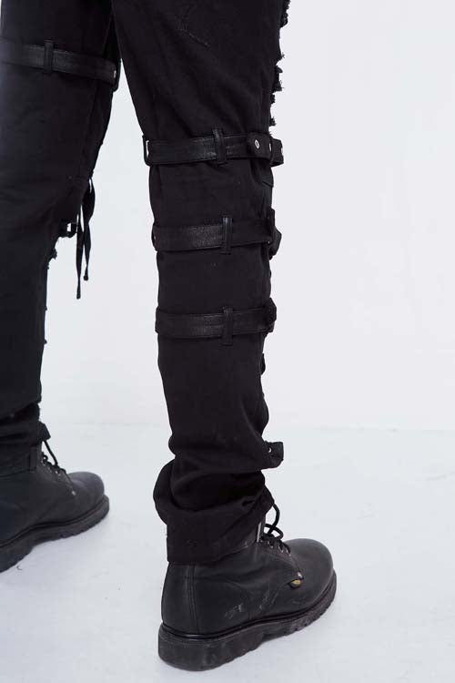 Black Asymmetric Loops Ragged Punk Rock Broken Holes Bandage Mens Pants - Product - 6