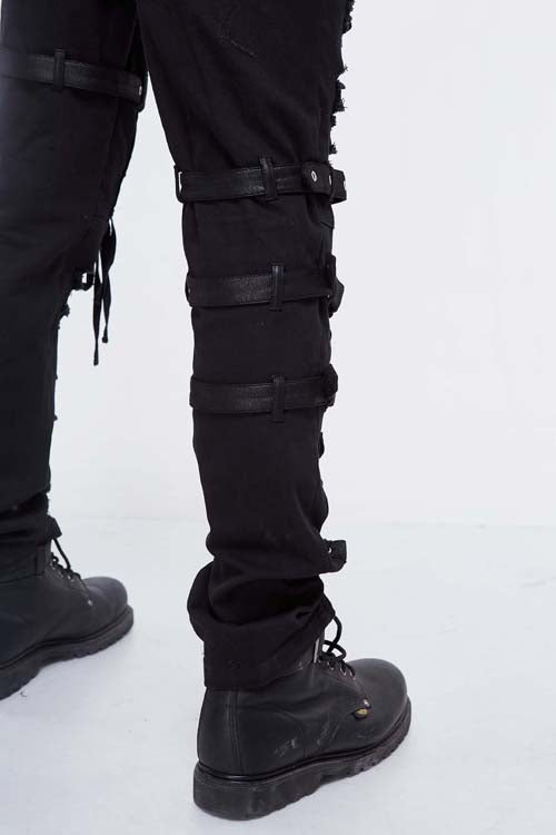 Black Asymmetric Loops Ragged Punk Rock Broken Holes Bandage Mens Pants - Product - 6