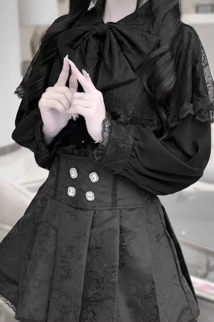 [Dark Moon Shadow] Long Sleeves Double-Layered Ruffled Embroidered Bow Lace-Up Gothic Jirai Kei Lolita Top + Skirt Set - Printed-Skirt(Only) - 13