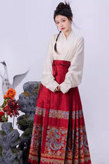 Red Chinese Style Print High Waisted Womens Hanfu Skirt - Product - 3