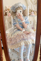 Blue [Angel Lamb] Lapel Collar Short Sleeves Printed Ruffled Bow Sweet Lolita Dress - Product - 7