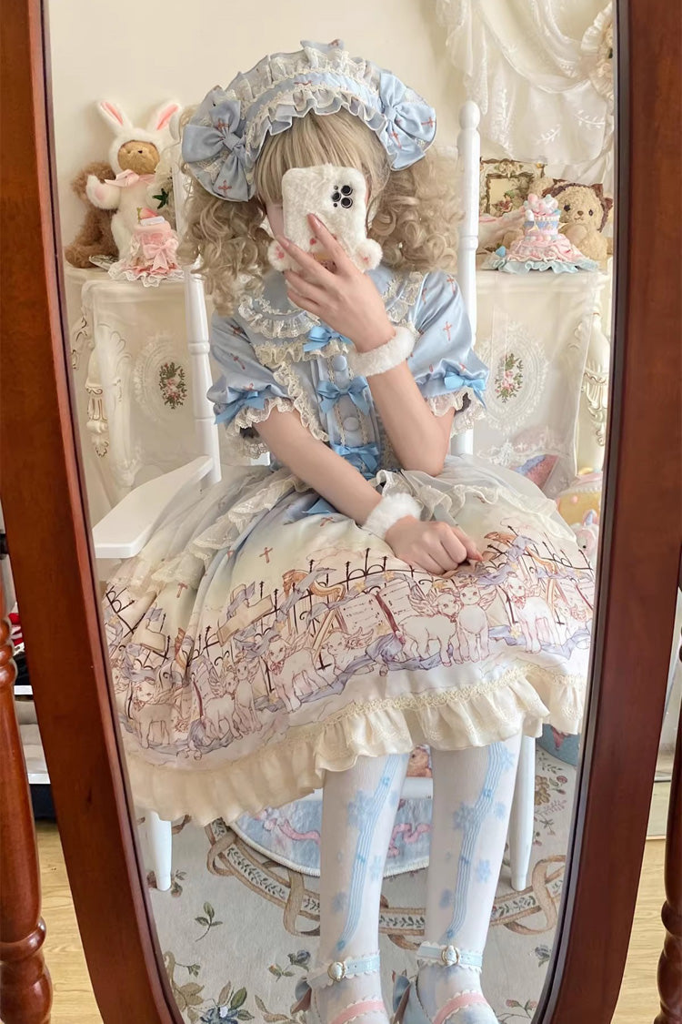 Blue [Angel Lamb] Lapel Collar Short Sleeves Printed Ruffled Bow Sweet Lolita Dress - Product - 7