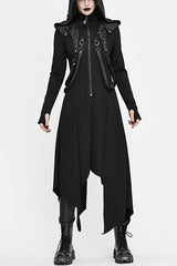 Black Hooded Slim Knitted Long Womens Punk Coat - Black - 1