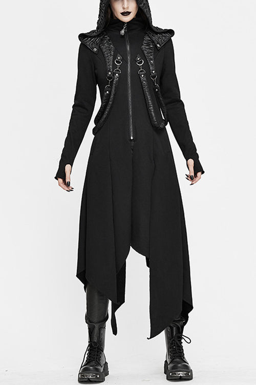 Black Hooded Slim Knitted Long Womens Punk Coat - Black - 1