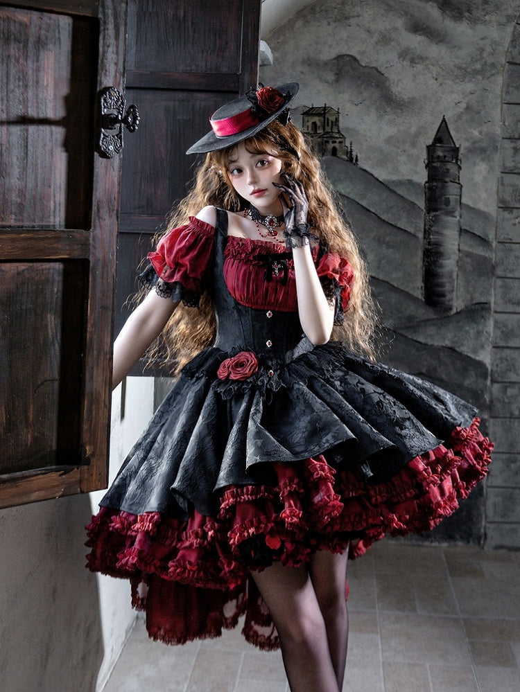 Red & Black Gothic Underbust JSK Dress and Off-Shoulder Blouse Set detail view 6