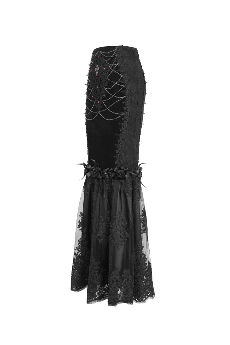 Black High Waisted Embroidery Stitching Lace Women's Gothic Skirt - Product - 6