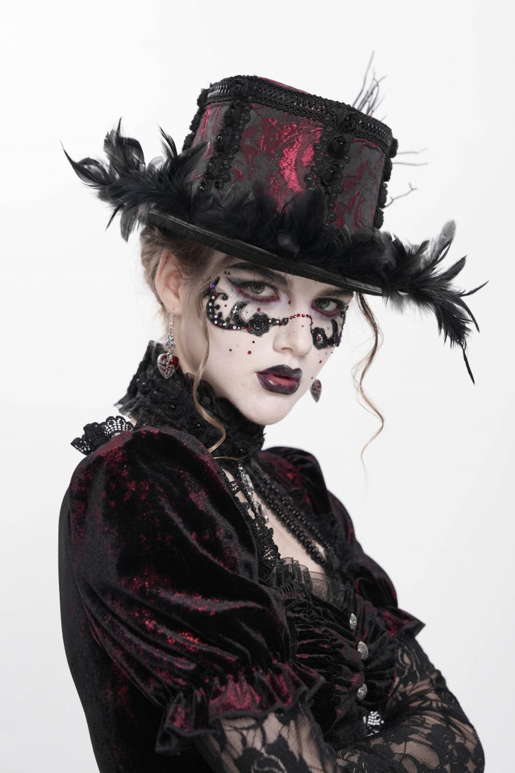 Red Embroidered Women's Gothic Gorgeous Floral Feather Hat - Product - 6
