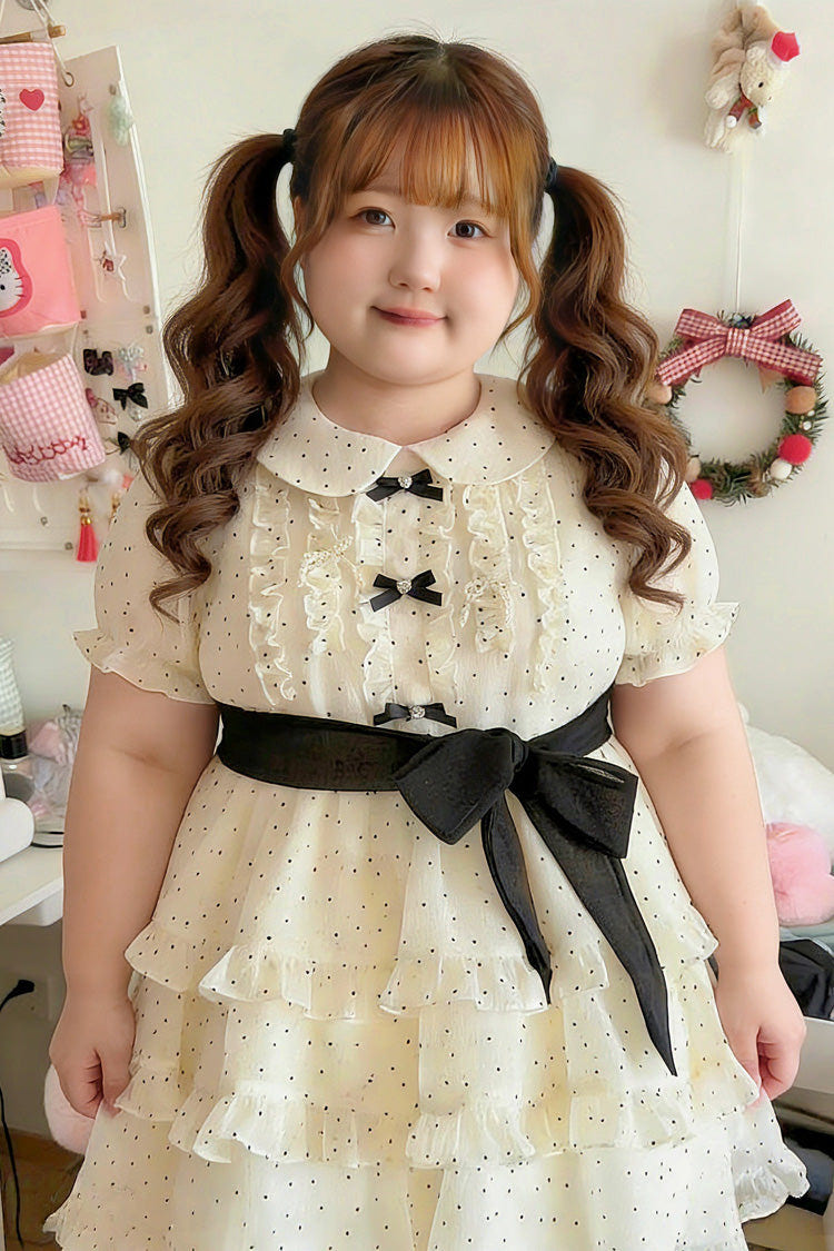 White Doll Collar Short Sleeves Triple-Layered Polka Dots Printed Ruffled Bow Plus Size Princess Sweet Lolita Dress - Product - 7