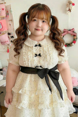 White Doll Collar Short Sleeves Triple-Layered Polka Dots Printed Ruffled Bow Plus Size Princess Sweet Lolita Dress - Product - 7