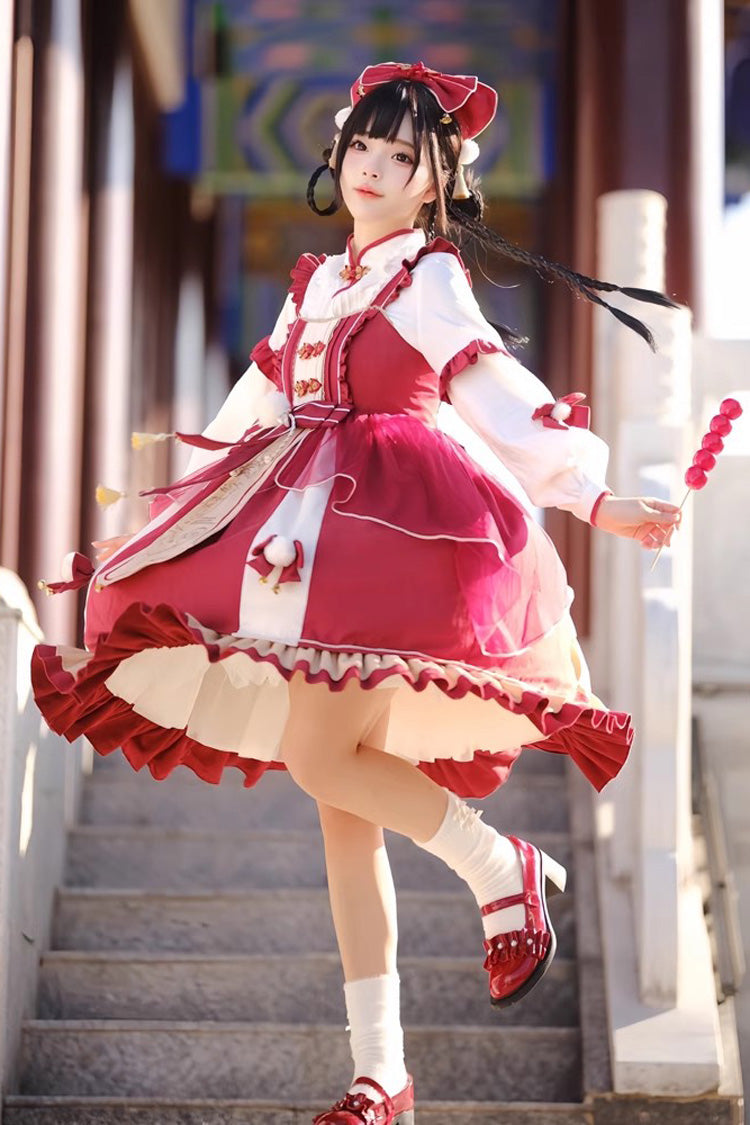Red Double-Layered Dragon Print Bowknot Lace Sweet Lolita Jsk Dress - Product - 4