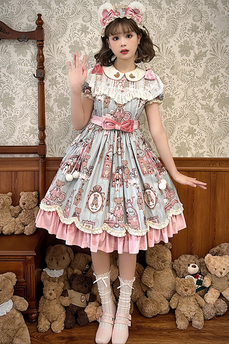 Pink/Green Bear Doll Wall Print Short Sleeves Ruffle Embroidery Bowknot Sweet Lolita Dress - Product - 2