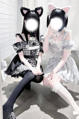 [Night Rabbit Dream] Short Sleeves Plaid Printed Ruffled Open-Front Bow Lace-Up Sweet Jirai Kei Japanese Skirt Set - Product - 7