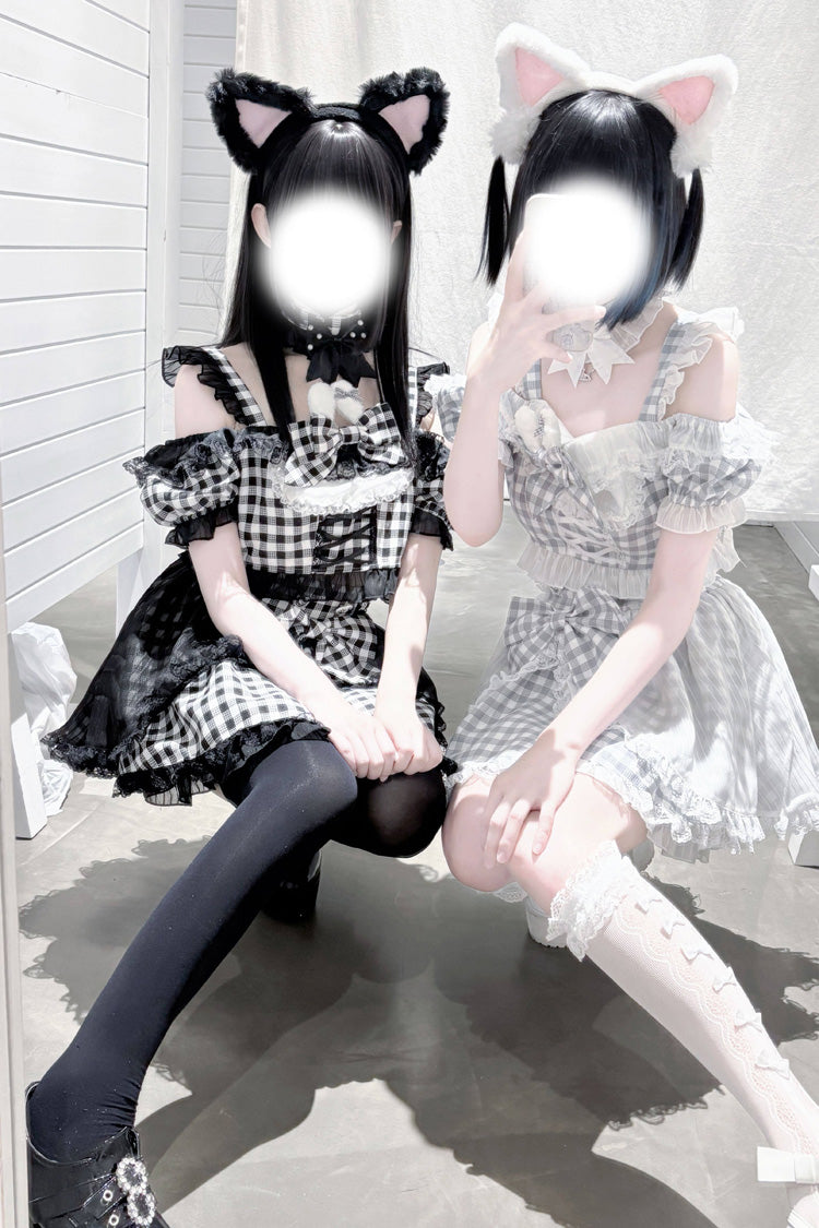 [Night Rabbit Dream] Short Sleeves Plaid Printed Ruffled Open-Front Bow Lace-Up Sweet Jirai Kei Japanese Skirt Set - Product - 7