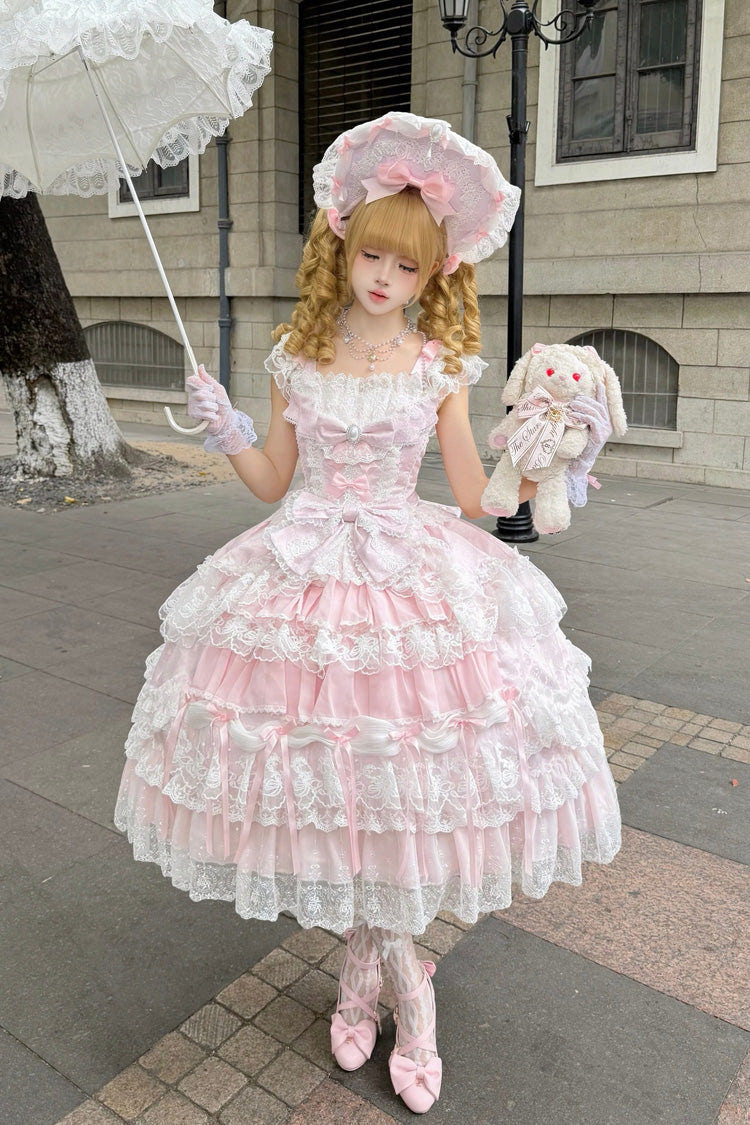 Pink [Eternal Floral Message] Square Collar Sleeveless Multi-Layered Hanayome Embroidered Bow Lace Sweet Lolita Jsk Dress - Product - 2