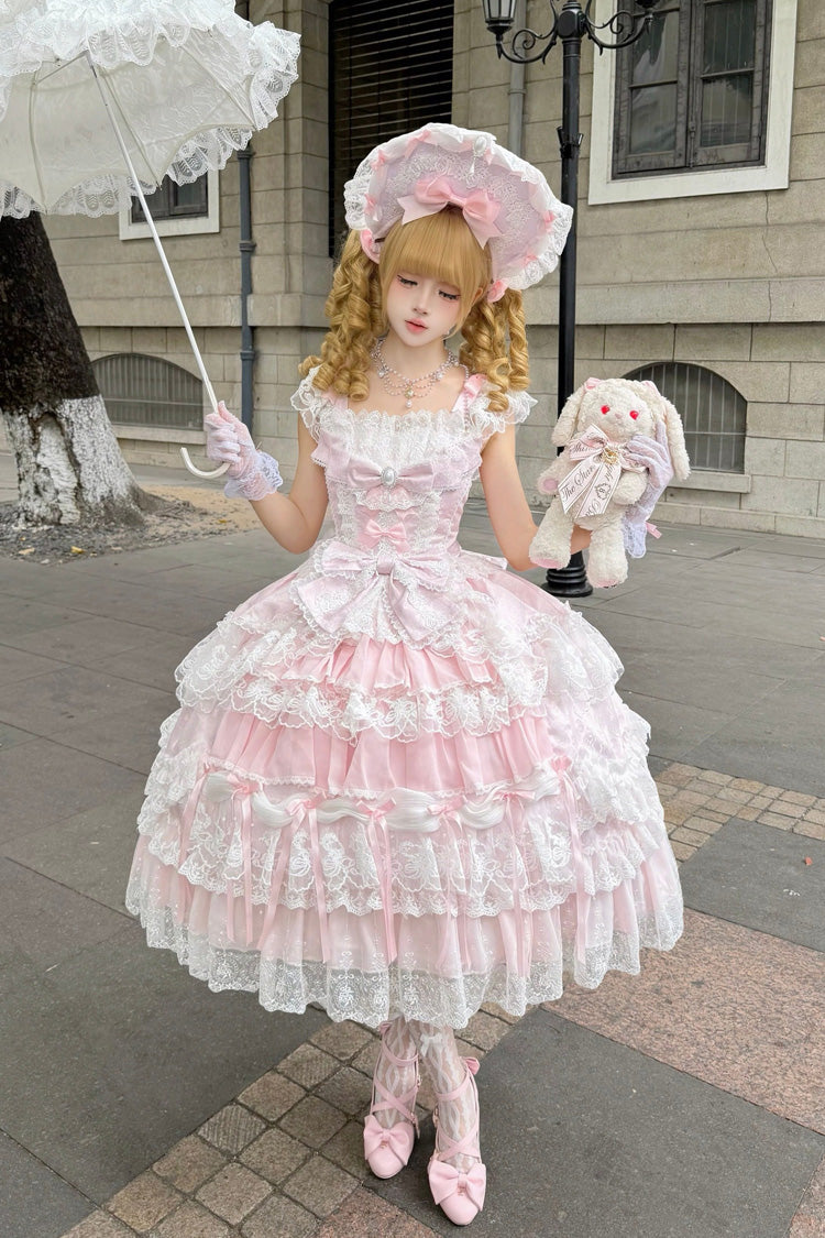 Pink [Eternal Floral Message] Square Collar Sleeveless Multi-Layered Hanayome Embroidered Bow Lace Sweet Lolita Jsk Dress - Product - 2