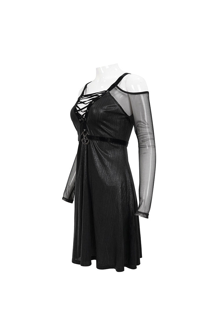 Black Stretch Knit Patchwork Fine Mesh V Neck Cross Tie Metal Pentagram Buckle Strap Women's Punk Dress - Product - 9