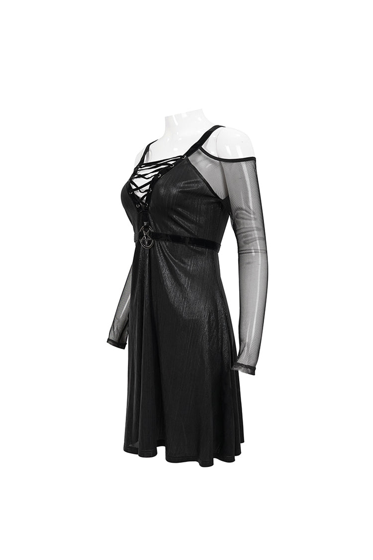 Black Stretch Knit Patchwork Fine Mesh V Neck Cross Tie Metal Pentagram Buckle Strap Women's Punk Dress - Product - 9