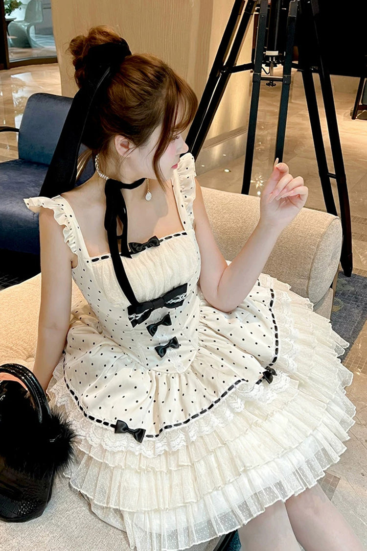 White [Polka Dot Waltz] Square Collar Flutter Sleeves Triple-Layered Printed Ruffled Bow Sweet Lolita Jsk Dress - Product - 2