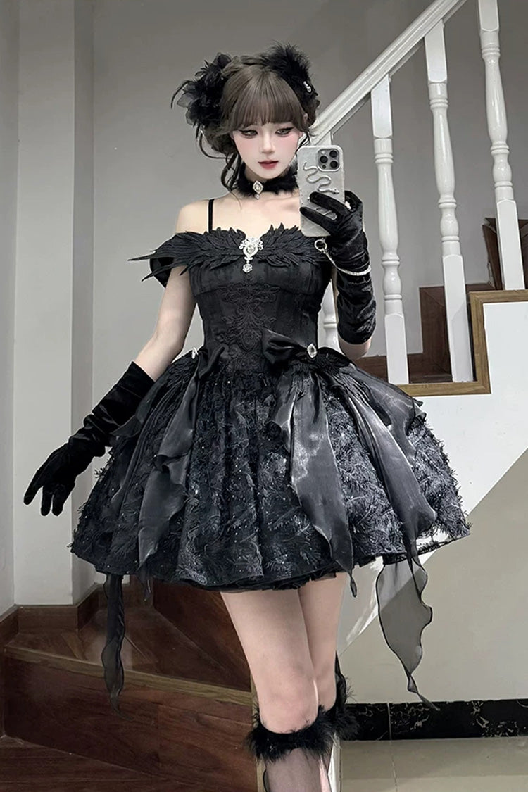 Black [Feathers Floating In The Air] Square Collar Flutter Sleeves Embroidered Bow Lace Gothic Lolita Jsk Dress - Product - 3