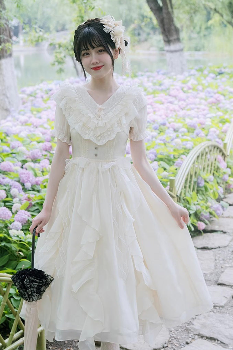 White V-Neck Lace Cla Daily Short Puff Sleeves Sweet Lolita Dress - Product - 5