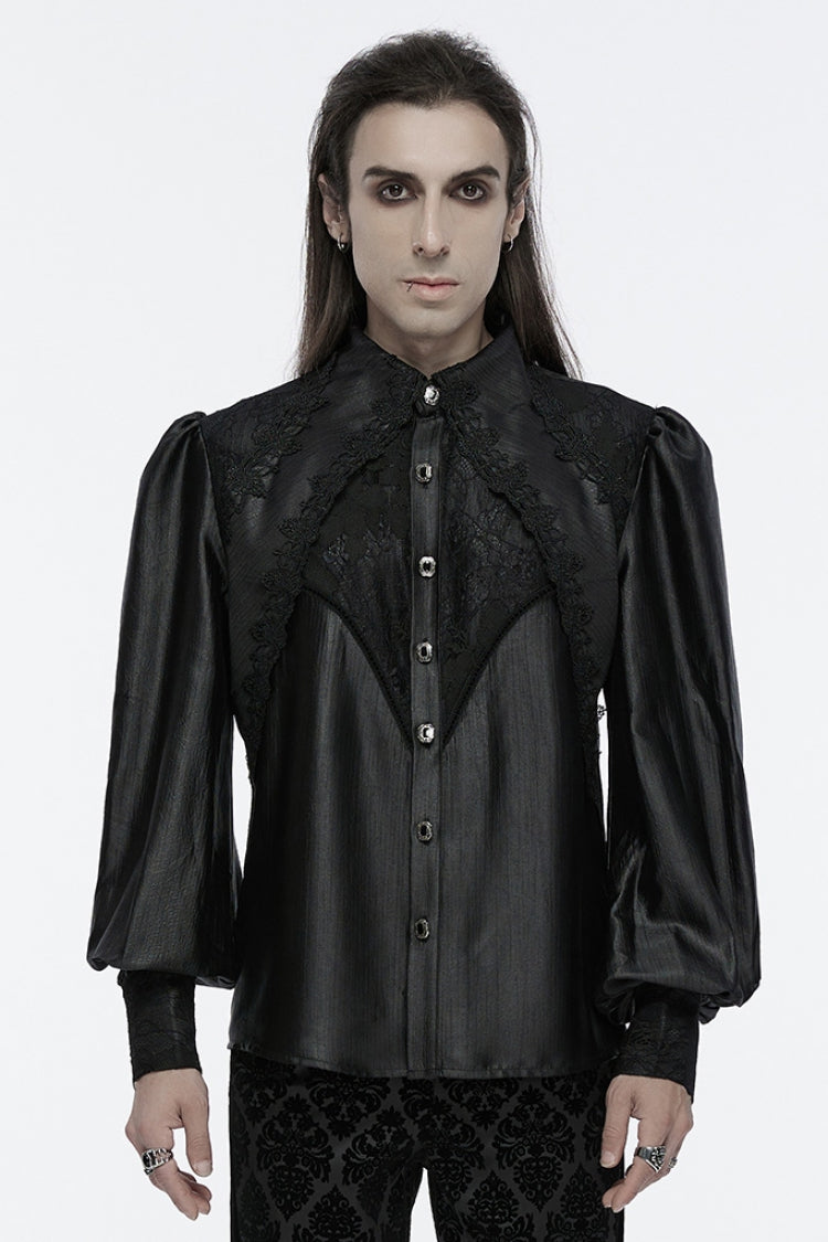 Black Long Puff Sleeves Spliced Lace Men's Gothic Shirt - Black - 1